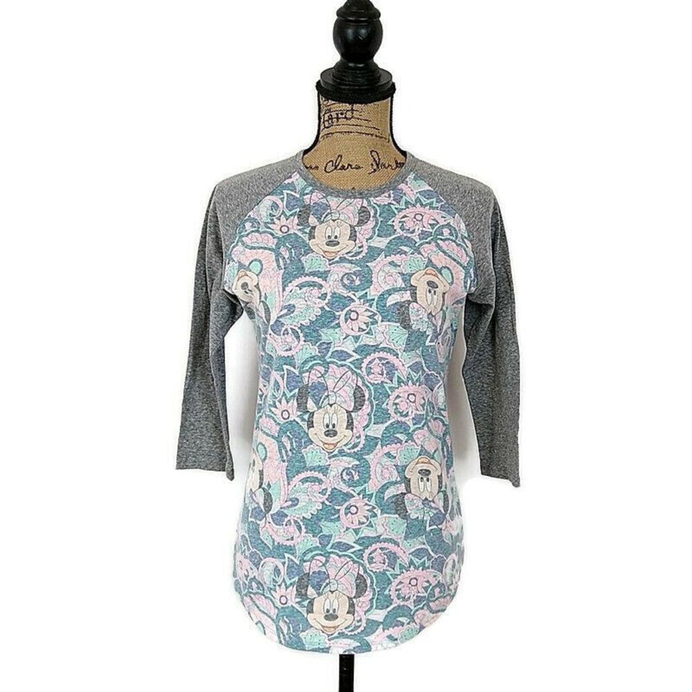 LulaRoe Womens XS Randy T Shirt Blue Minnie Mouse Disney Raglan Sleeve Crew Neck